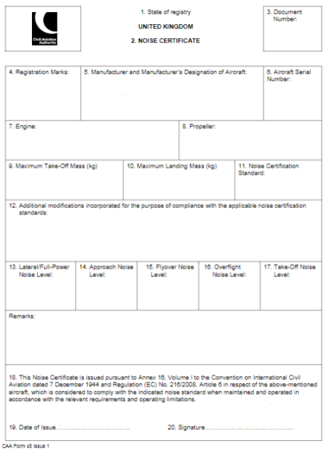 Image of blank CAA Form 45, Noise Certificate